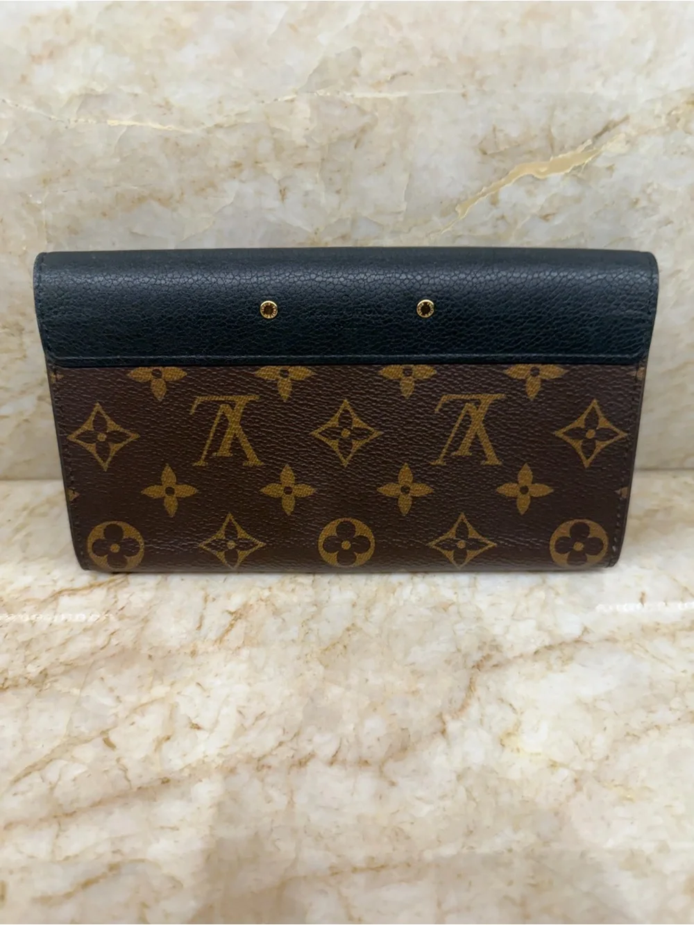 Louis Vuitton Brown Monogram & Black Leather wallet with Gold Hardware - Picture 2 of 6